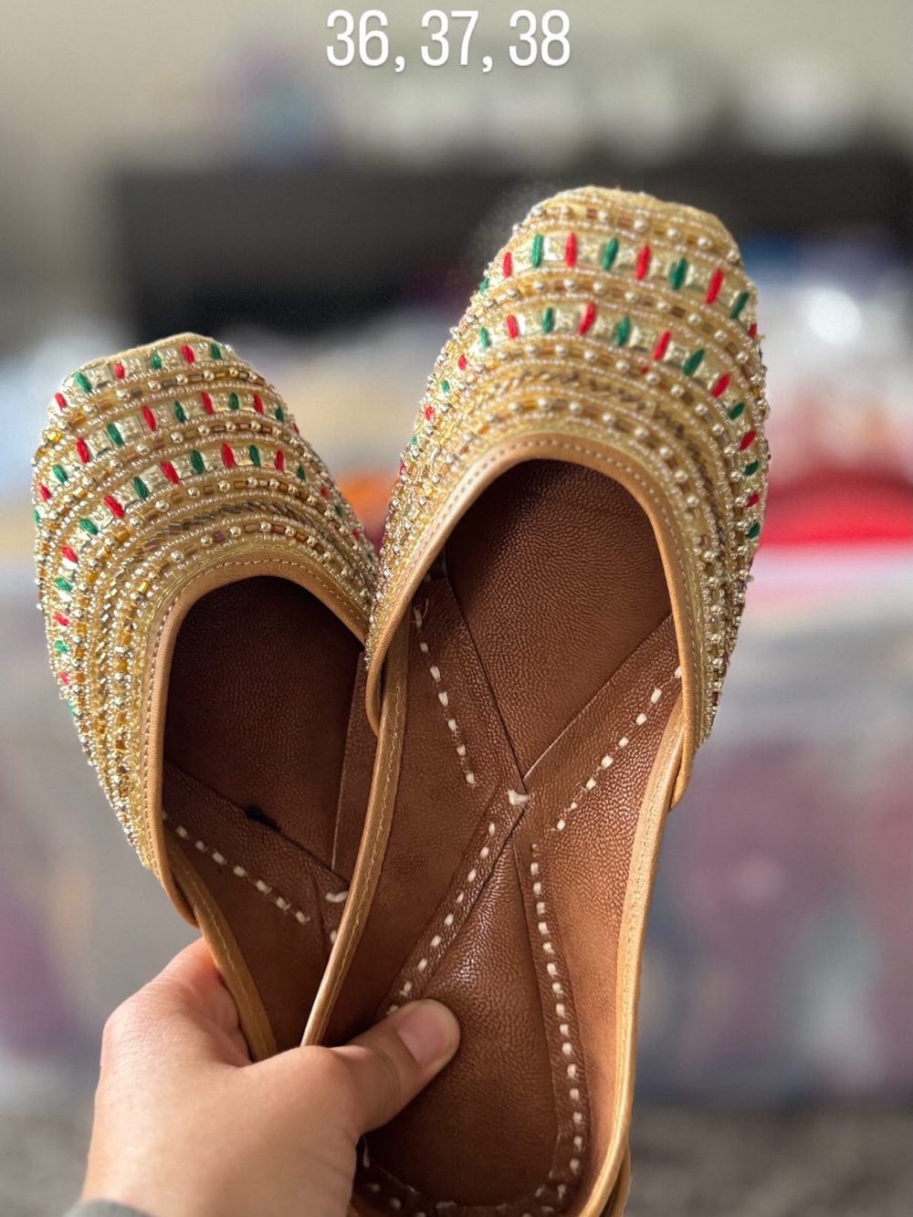 Hand Crafted Gold Jutti Flats with Green and Red Bead Accents